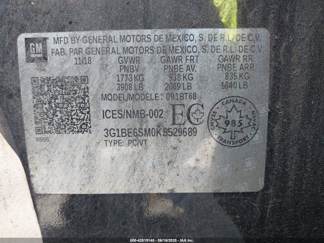 3G1BE6SM0KS529689 Chevrolet le2 -di: direct injection, vvt: variable valve timing, gen, alum