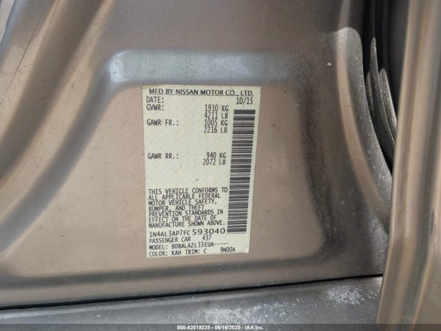 Продажа на аукционе авто 2015 Nissan Altima 2.5, vin: 1N4AL3AP7FC593040, номер лота: 42519225
