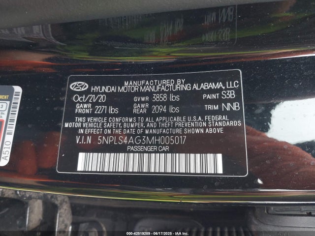 5NPLS4AG3MH005017 Hyundai mpi nu pe