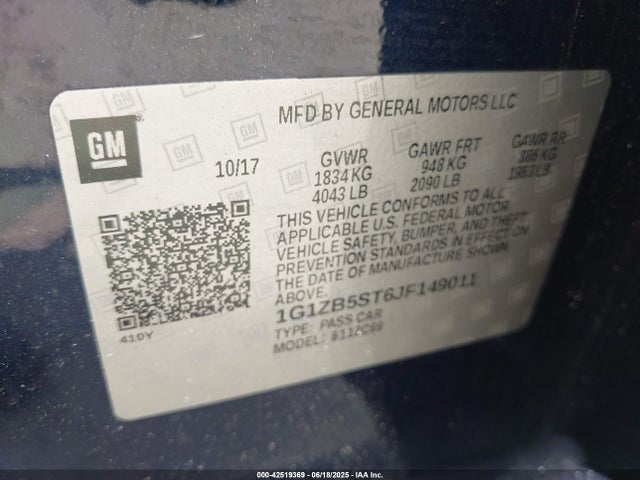 1G1ZB5ST6JF149011 Chevrolet lfv - direct injection, variable valve timing, gen 1