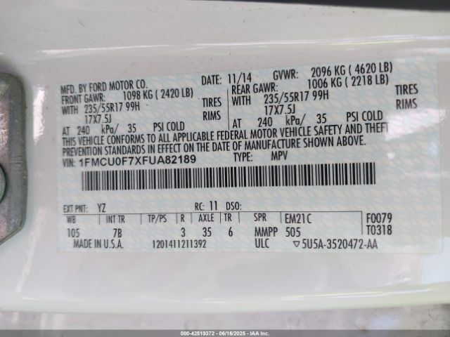 1FMCU0F7XFUA82189 Ford ESCAPE S