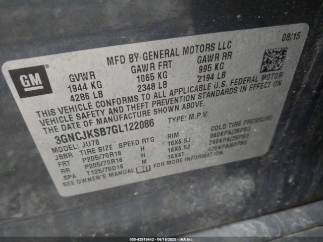 3GNCJKSB7GL122086 Chevrolet Trax 1ls