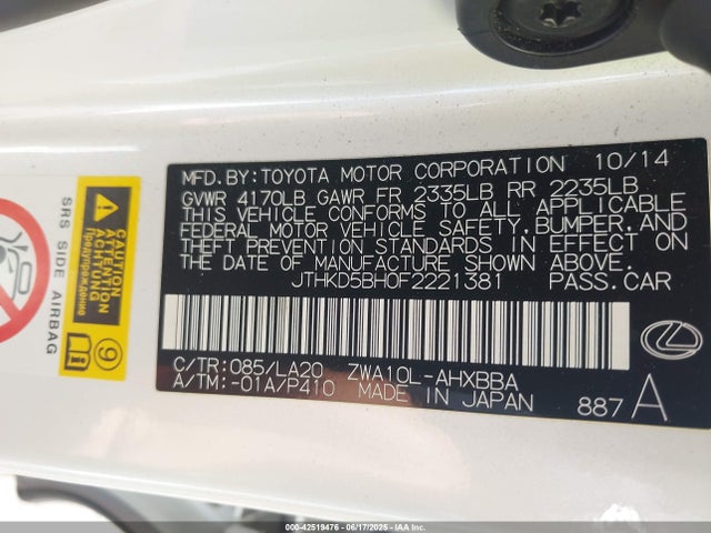 Lexus 2zr-fxe+3jm 2015 JTHKD5BH0F2221381 Image 9