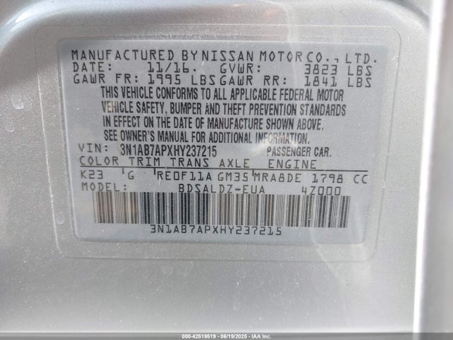 3N1AB7APXHY237215 Nissan 2017