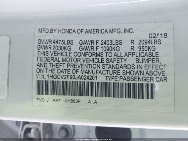 1HGCV2F90JA024201 Honda k20c4