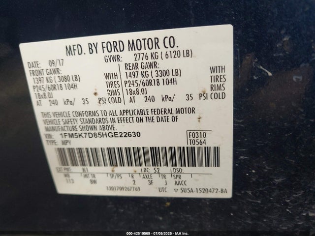 1FM5K7D85HGE22630 Ford 3.5l ti-vct