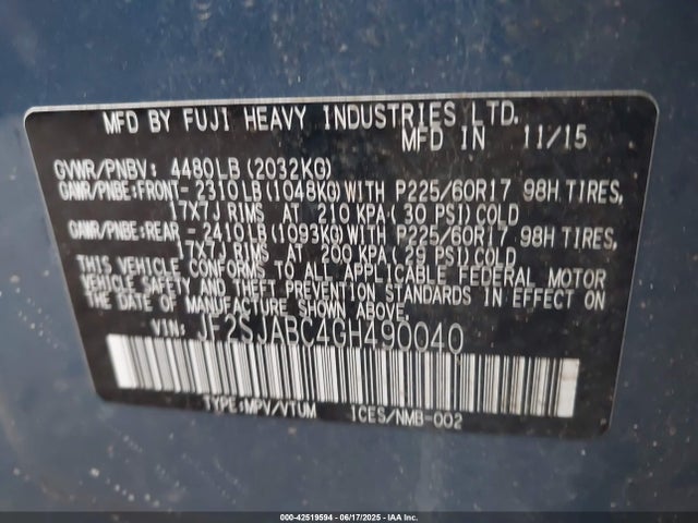 JF2SJABC4GH490040 Subaru naturally aspirated u5