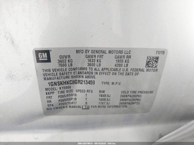 2016 CHEVROLET SUBURBAN 1GNSKHKC8GR213459 Photo 8