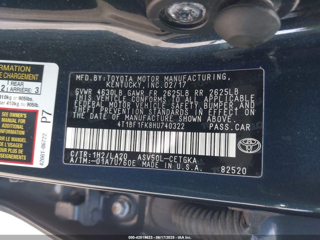 4T1BF1FK8HU740322 Toyota 2ar-fe