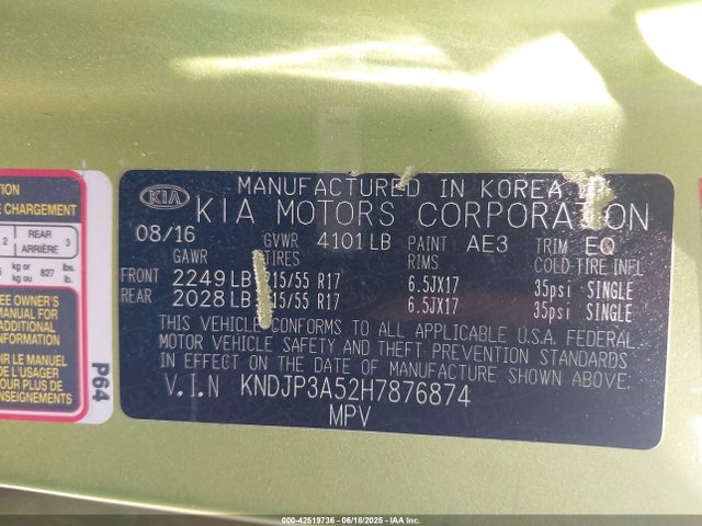 Auction sale of the 2017 Kia Soul +, vin: KNDJP3A52H7876874, lot number: 42519736