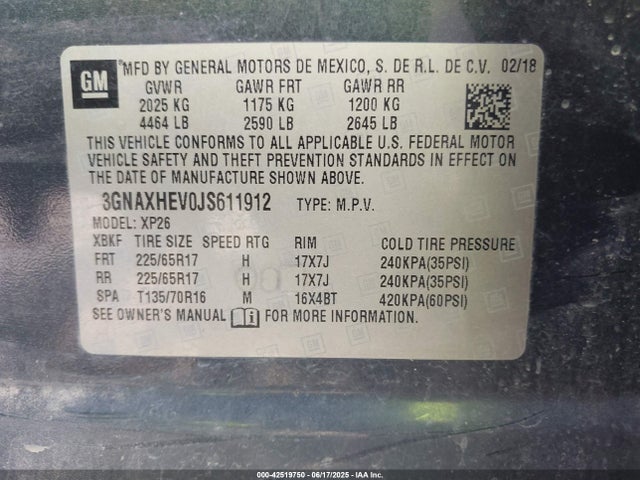 3GNAXHEV0JS611912 Chevrolet lyx - direct injection, vvt, fgt, turbo, alum, gen1