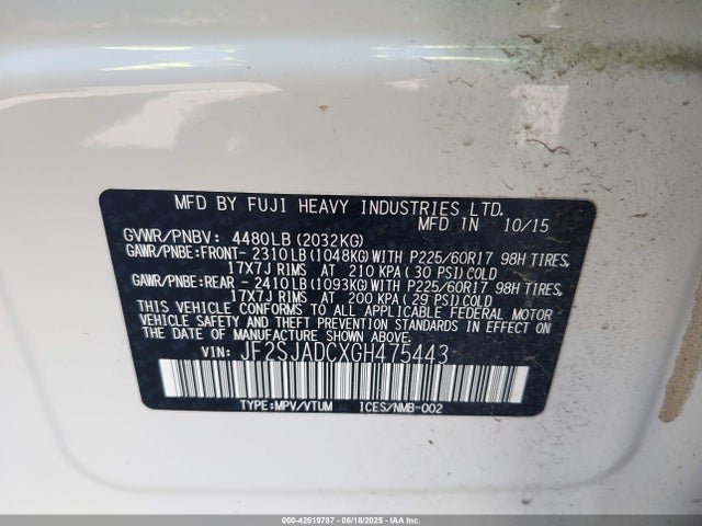 Subaru naturally aspirated u5 2016 JF2SJADCXGH475443 Image 9