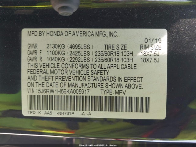 5J6RW1H56KA005917 Honda l15be