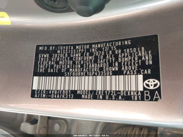 5YFBURHE1GP433506 Toyota 2zr-fe