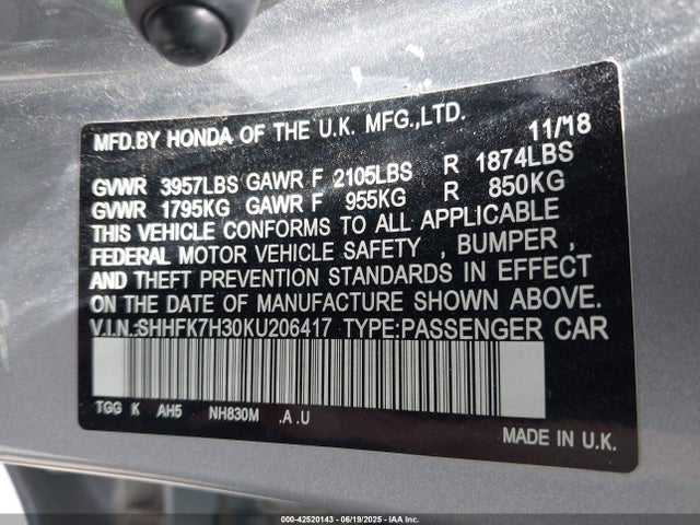 SHHFK7H30KU206417 Honda l15ba
