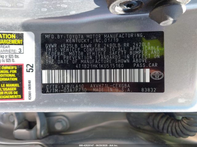 2019 TOYOTA CAMRY 4T1B21HK1KU515160 Photo 8