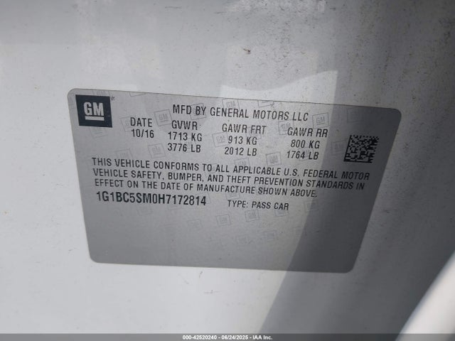 Продаж на аукціоні авто 2017 Chevrolet Cruze Ls Auto, vin: 1G1BC5SM0H7172814, номер лоту: 42520240
