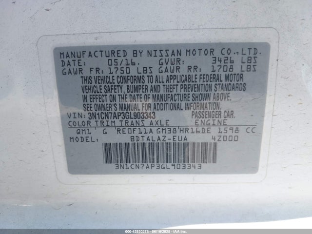 3N1CN7AP3GL903343 Nissan Versa