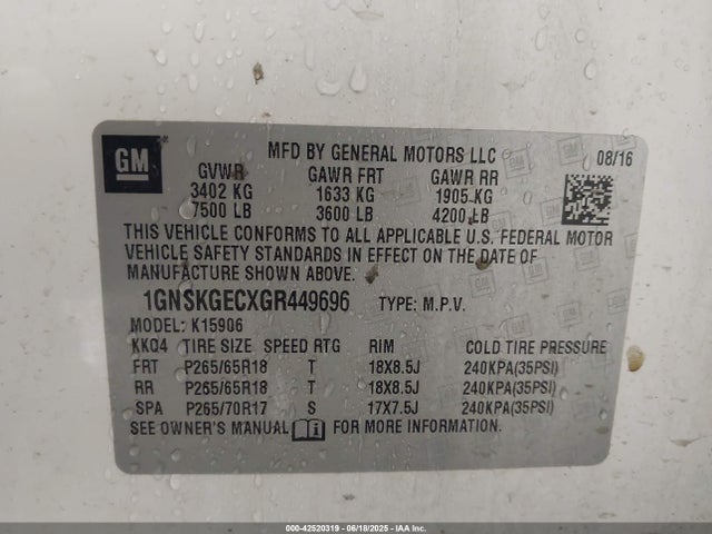 1GNSKGECXGR449696 Chevrolet l83 - sidi, vvt, afm, e85 max, aluminum