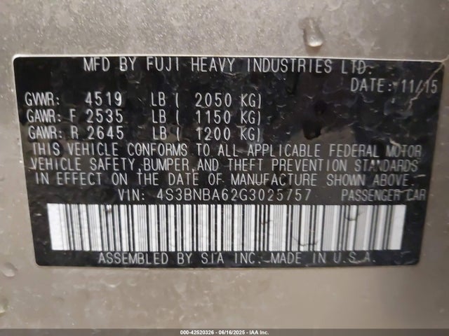 4S3BNBA62G3025757 Subaru 2.5l u6