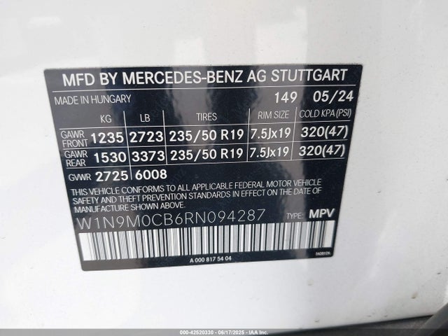 Продаж на аукціоні авто 2024 Mercedes-benz Eqb 250 Suv, vin: W1N9M0CB6RN094287, номер лоту: 42520330