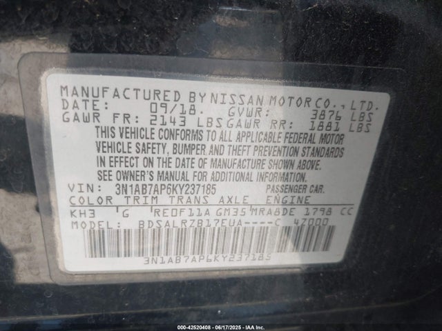 3N1AB7AP6KY237185 Nissan 2019