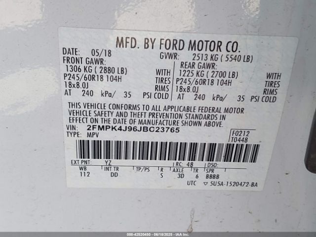 2FMPK4J96JBC23765 Ford 2.0l gtdi w/premium fuel