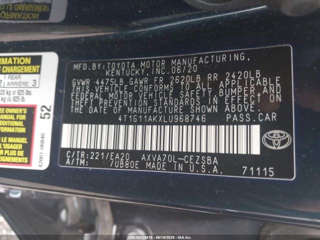 2020 TOYOTA CAMRY 4T1G11AKXLU968746 Photo 8