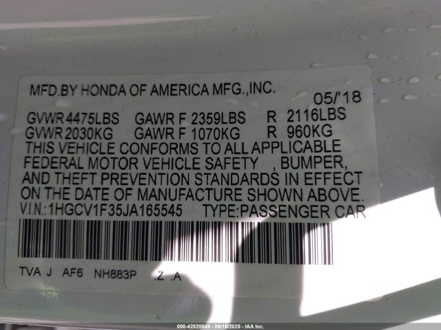 1HGCV1F35JA165545 Honda l15be