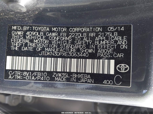 Toyota 2zr-fxe+3jm 2014 JTDKN3DPXE3063440 Image 9