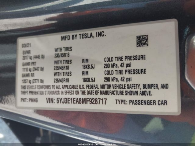 2021 TESLA MODEL 3 5YJ3E1EA8MF928717 Photo 8