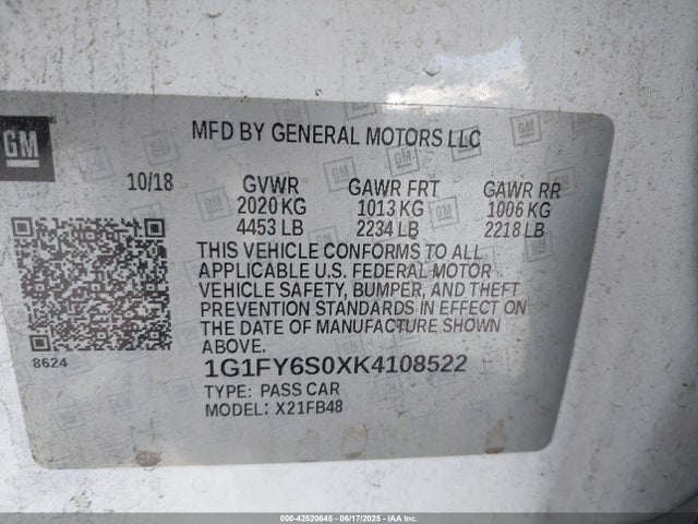 1G1FY6S0XK4108522 Chevrolet 2019