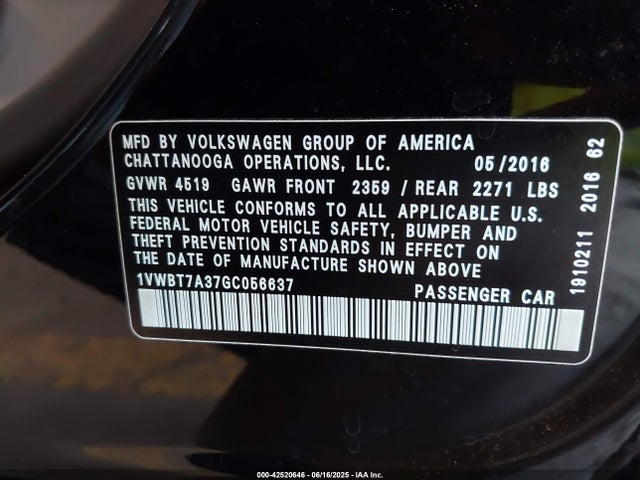 1VWBT7A37GC056637 Volkswagen 2016