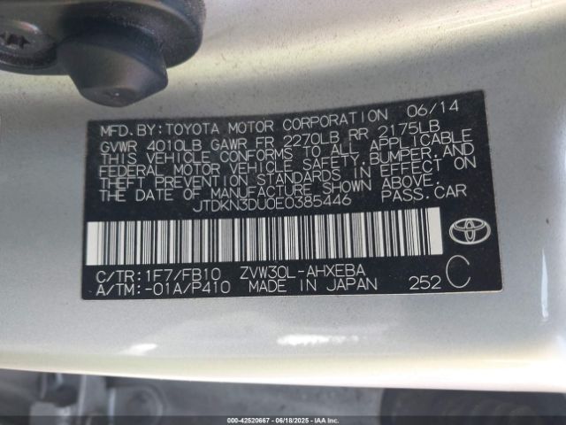 JTDKN3DU0E0385446 Toyota 2zr-fxe+3jm