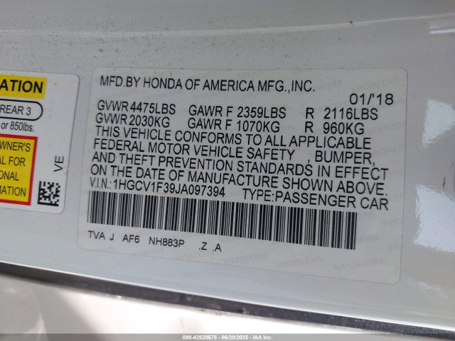 1HGCV1F39JA097394 Honda l15be
