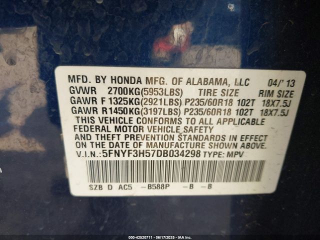 2013 HONDA PILOT 5FNYF3H57DB034298 Photo 8