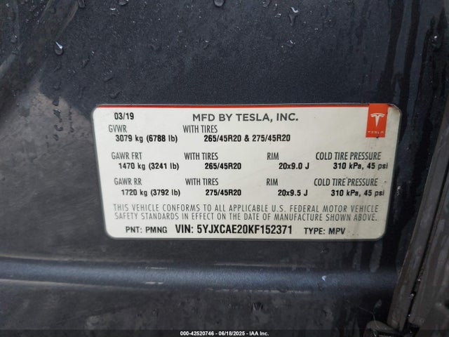 2019 TESLA MODEL X 5YJXCAE20KF152371 Photo 8