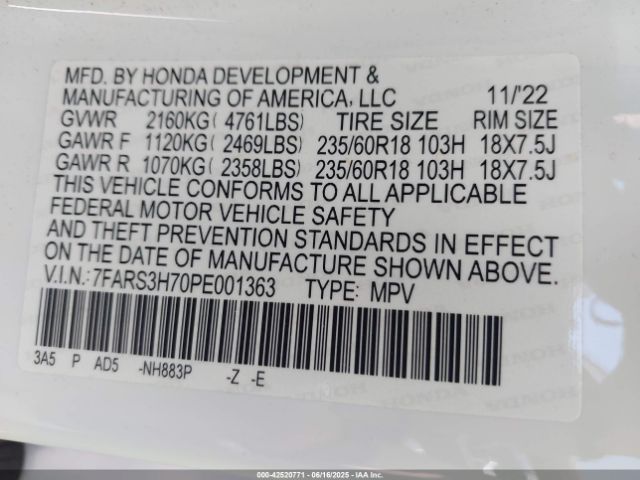 7FARS3H70PE001363 Honda l15be