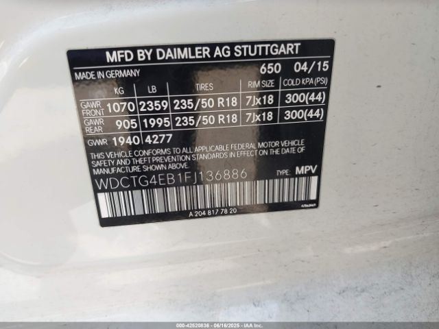 WDCTG4EB1FJ136886 Mercedes-Benz GLA-Class