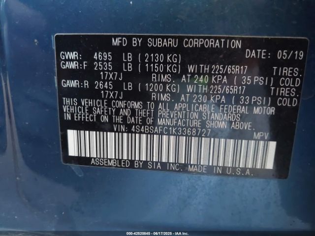 2019 SUBARU OUTBACK 4S4BSAFC1K3368727 Photo 8