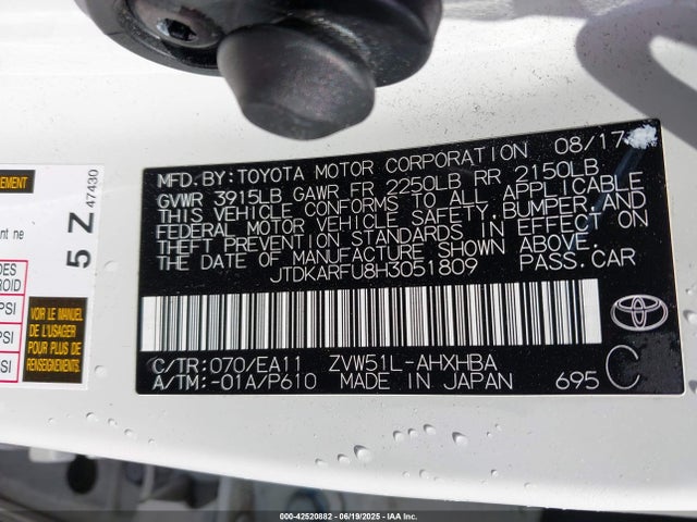 JTDKARFU8H3051809 Toyota 2zr-fxe,1nm