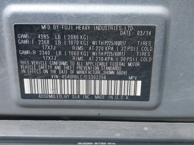 4S4BRBLC7E3302256 Subaru 2.5na u5