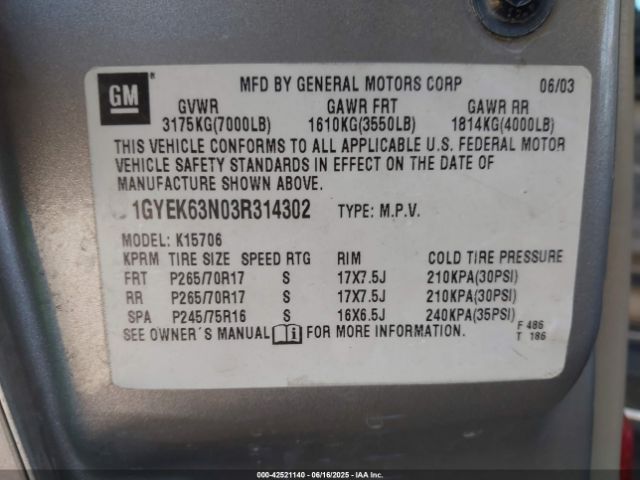 2003 CADILLAC ESCALADE 1GYEK63N03R314302 Photo 8