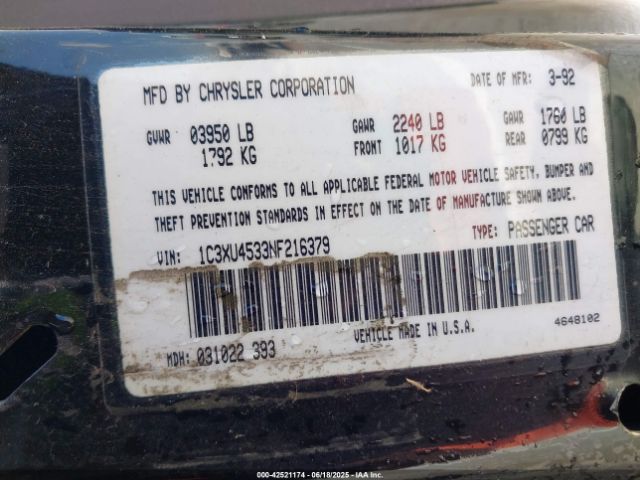 1992 CHRYSLER LEBARON 1C3XU4533NF216379 Photo 8