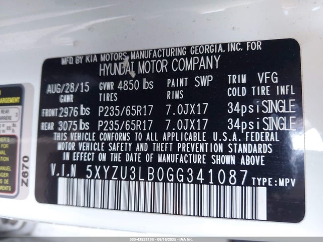 5XYZU3LB0GG341087 Hyundai gdi theta ii