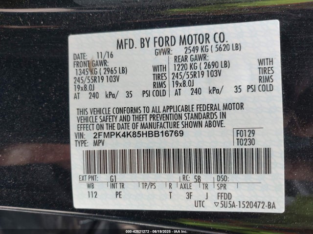2FMPK4K85HBB16769 Ford 2017