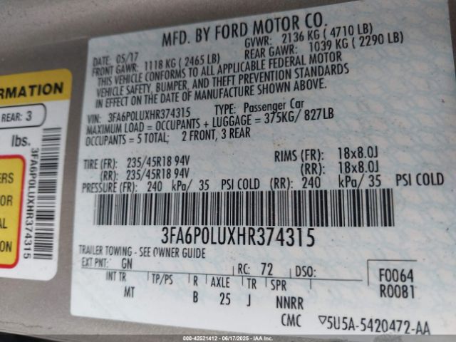 2017 FORD FUSION HYBRID 3FA6P0LUXHR374315 Photo 8