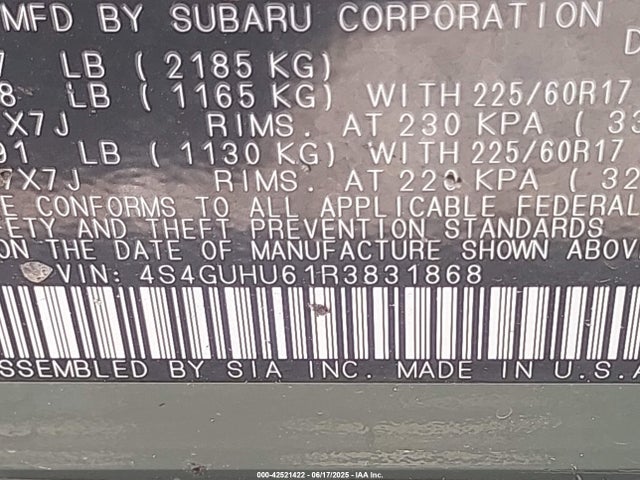 4S4GUHU61R3831868 Subaru na