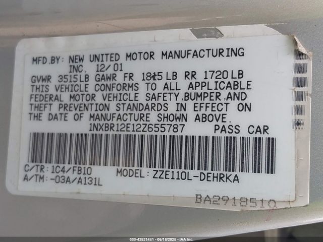 2002 TOYOTA COROLLA 1NXBR12E12Z655787 Photo 8