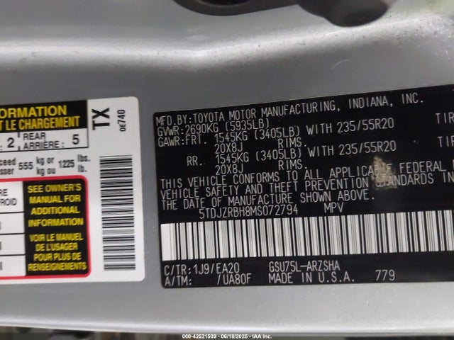 5TDJZRBH8MS072794 Toyota 2gr-fks